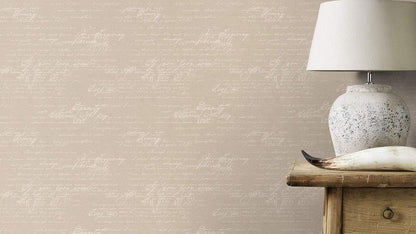 Rasch Tapete 449563 – Vliestapete Kollektion Florentine II, kalligraphische Schrift im Vintage-Stil, Braun/Beige