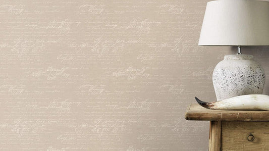 Rasch Tapete 449563 – Vliestapete Kollektion Florentine II, kalligraphische Schrift im Vintage-Stil, Braun/Beige