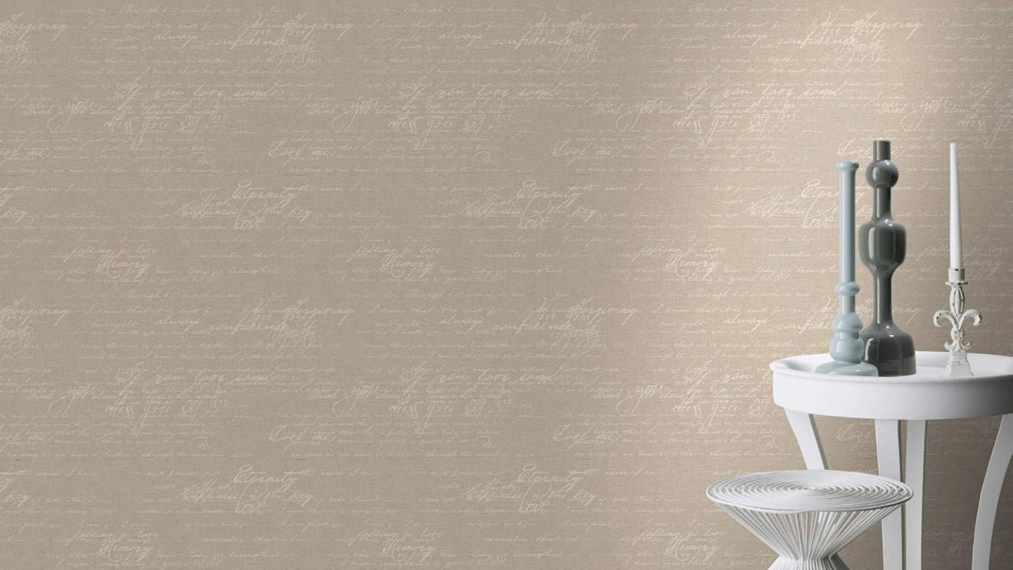 Rasch Tapete 449563 – Vliestapete Kollektion Florentine II, kalligraphische Schrift im Vintage-Stil, Braun/Beige